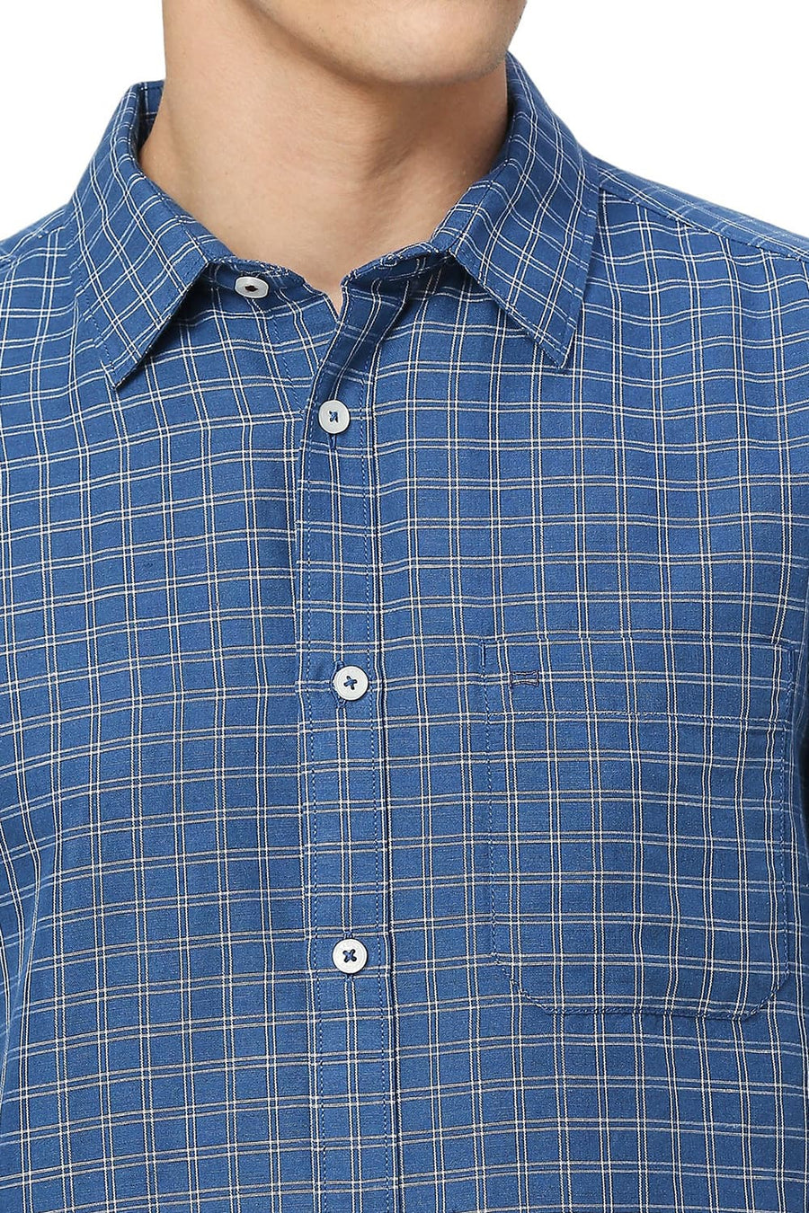BASICS SLIM FIT VALLARTA BLUE COTTON LINEN CHECKS HALFSLEEVES SHIRT
