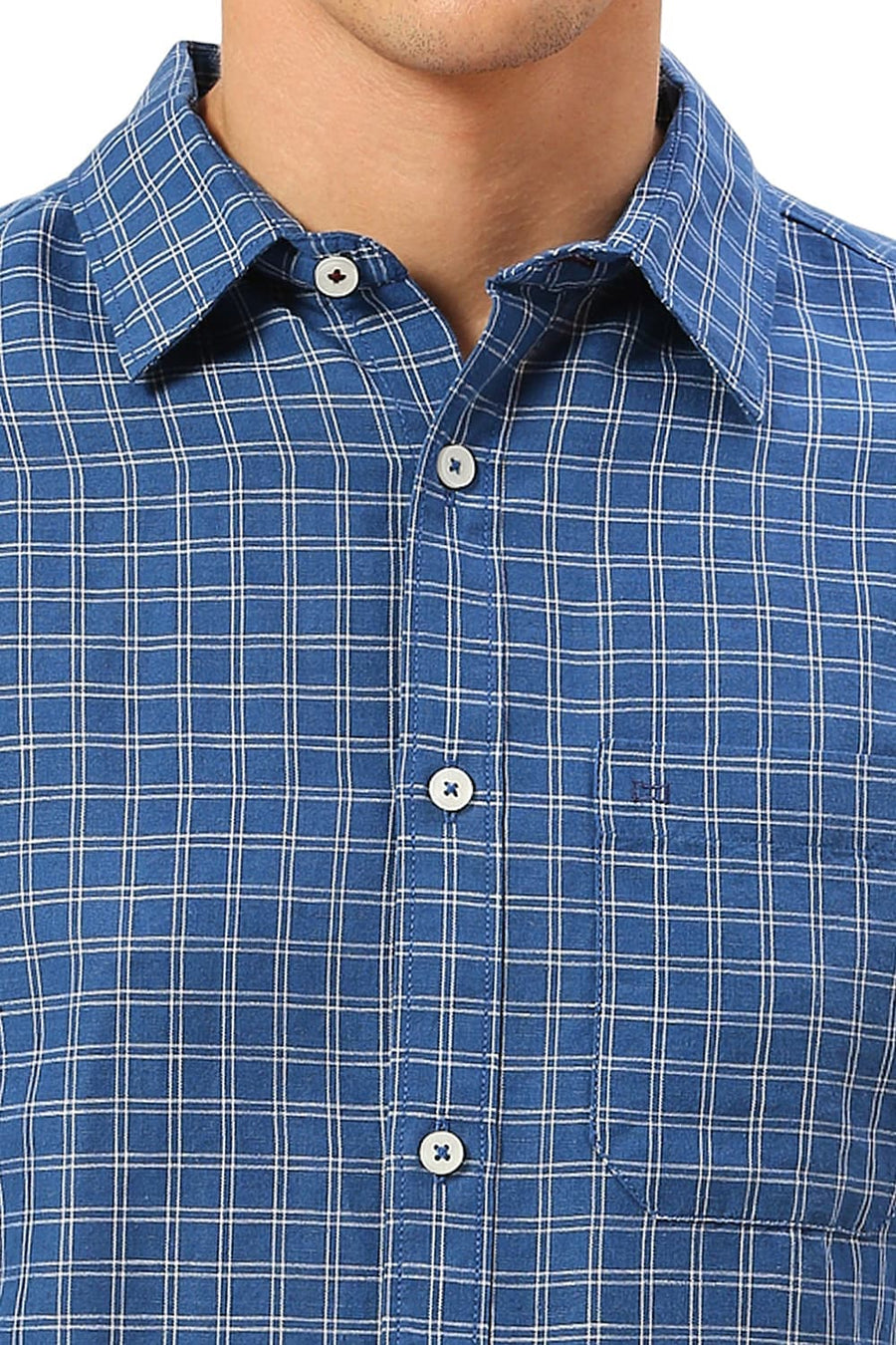 BASICS SLIM FIT VALLARTA BLUE COTTON LINEN CHECKS SHIRT