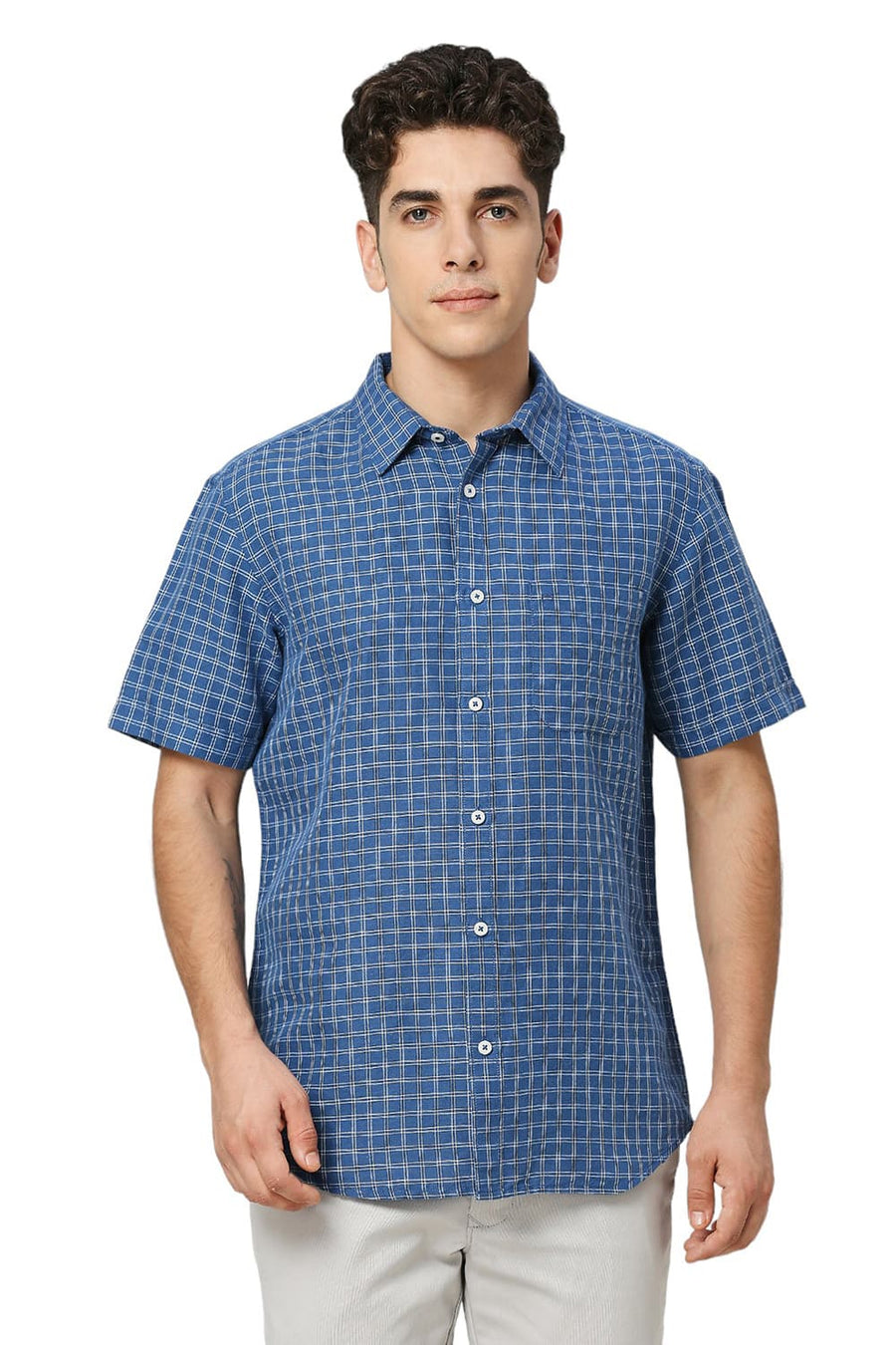 BASICS SLIM FIT VALLARTA BLUE COTTON LINEN CHECKS HALFSLEEVES SHIRT