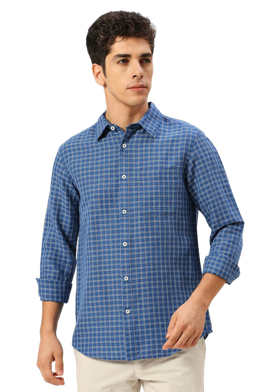 BASICS SLIM FIT VALLARTA BLUE COTTON LINEN CHECKS SHIRT