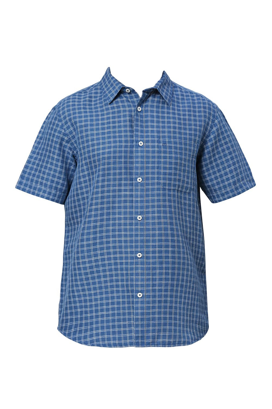 BASICS SLIM FIT VALLARTA BLUE COTTON LINEN CHECKS HALFSLEEVES SHIRT
