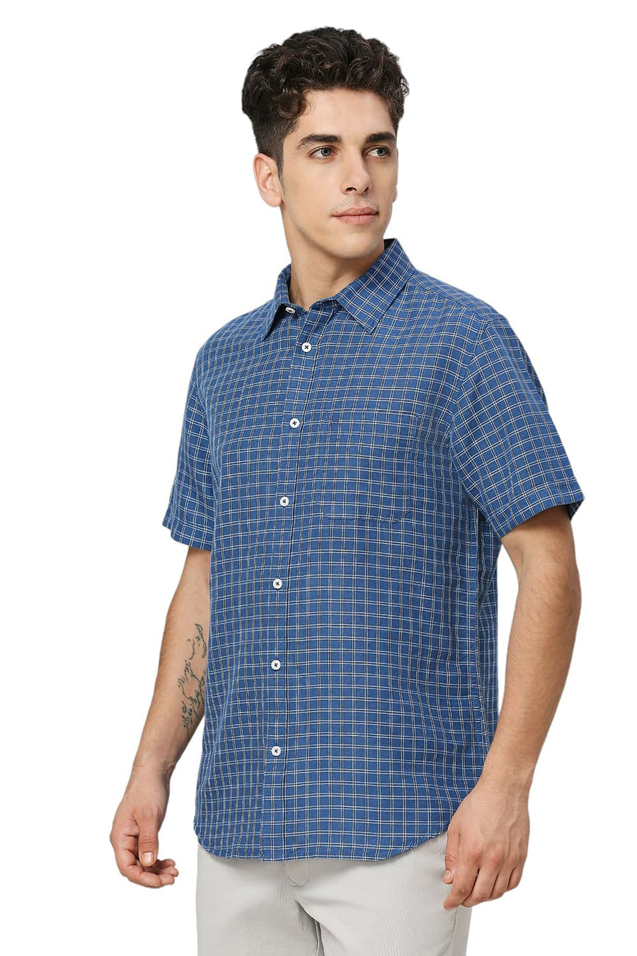 BASICS SLIM FIT VALLARTA BLUE COTTON LINEN CHECKS HALFSLEEVES SHIRT
