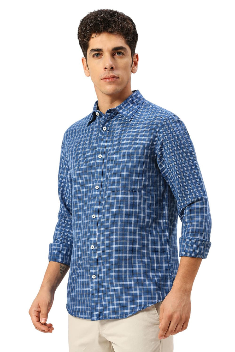 BASICS SLIM FIT VALLARTA BLUE COTTON LINEN CHECKS SHIRT