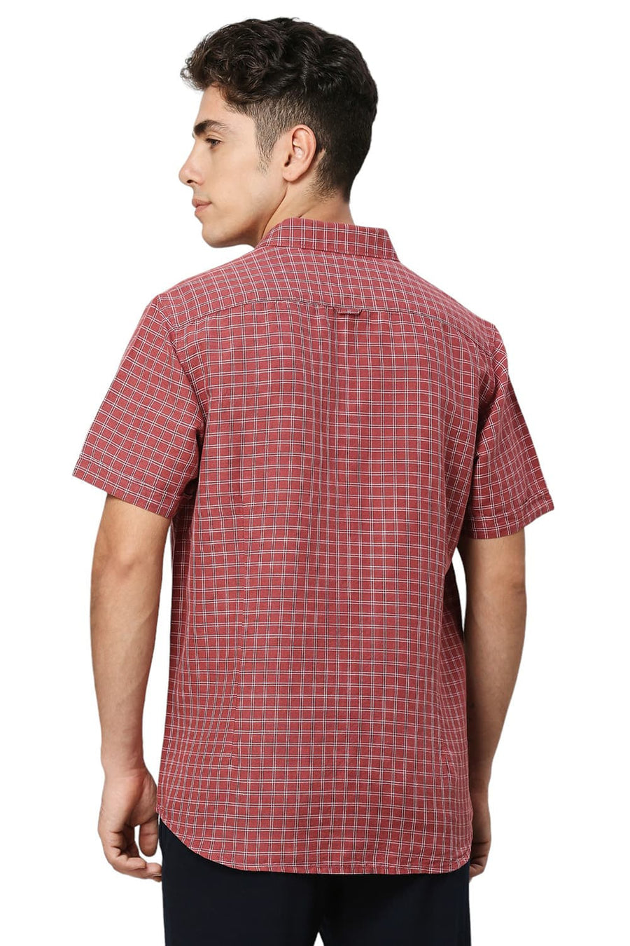 BASICS SLIM FIT BURNT MAROON COTTON LINEN CHECKS HALFSLEEVES SHIRT