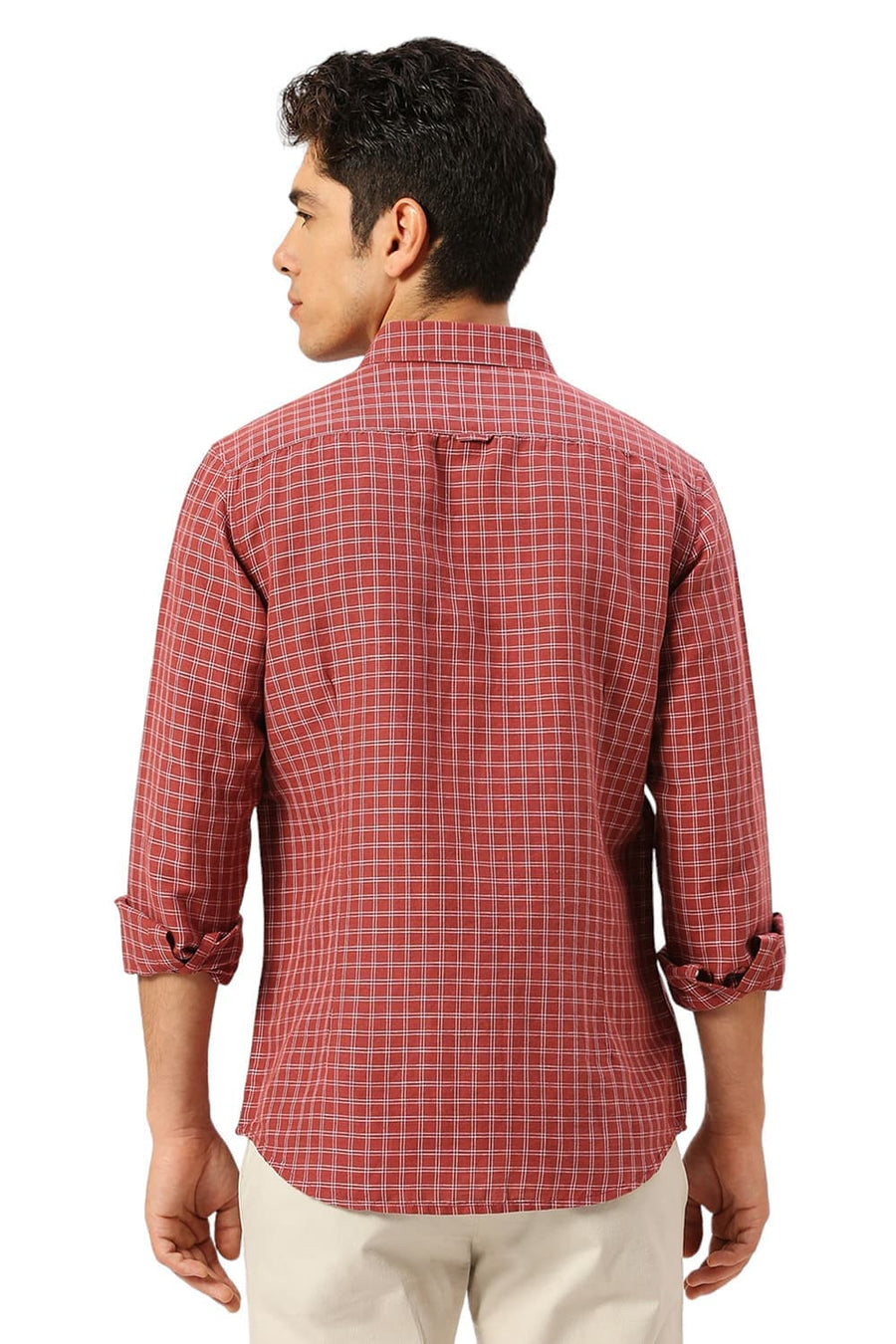 BASICS SLIM FIT BURNT MAROON COTTON LINEN CHECKS SHIRT