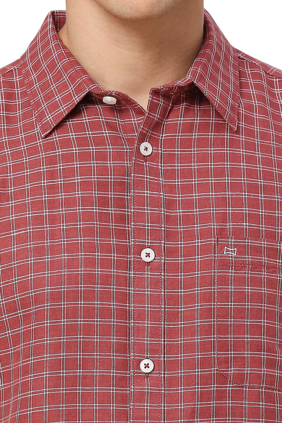 BASICS SLIM FIT BURNT MAROON COTTON LINEN CHECKS HALFSLEEVES SHIRT