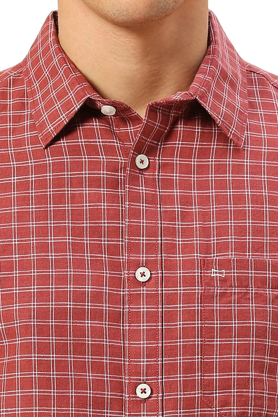 BASICS SLIM FIT BURNT MAROON COTTON LINEN CHECKS SHIRT