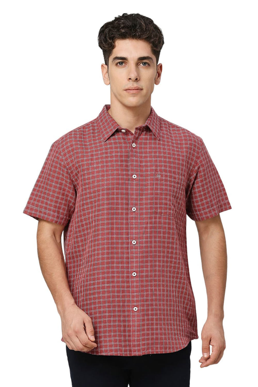 BASICS SLIM FIT BURNT MAROON COTTON LINEN CHECKS HALFSLEEVES SHIRT