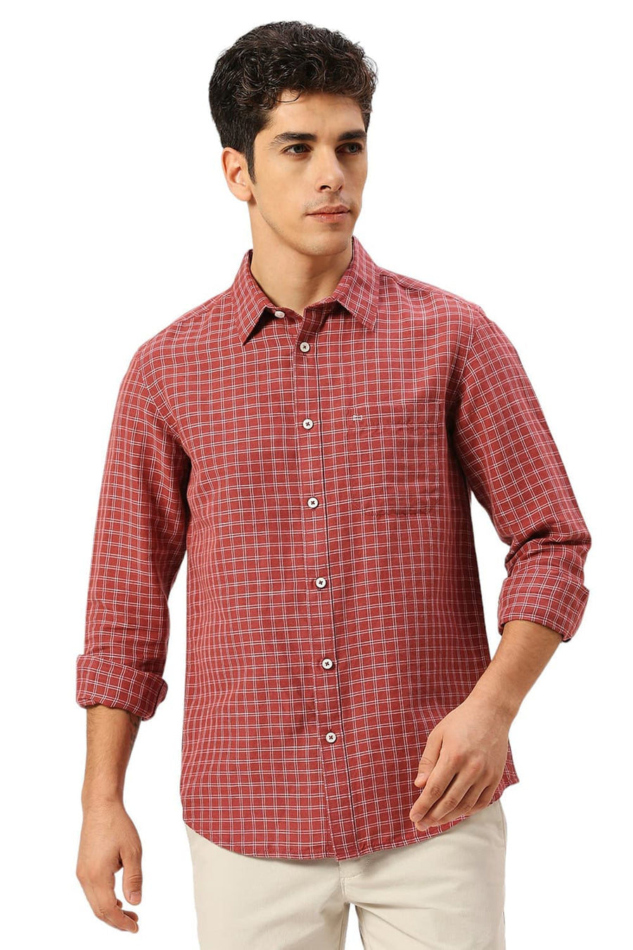 BASICS SLIM FIT BURNT MAROON COTTON LINEN CHECKS SHIRT
