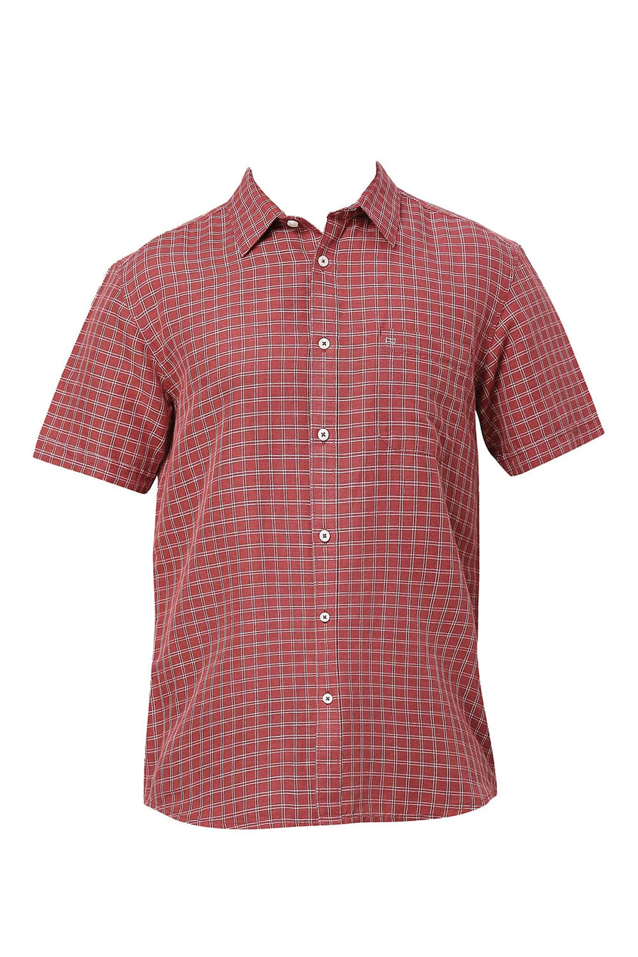 BASICS SLIM FIT BURNT MAROON COTTON LINEN CHECKS HALFSLEEVES SHIRT