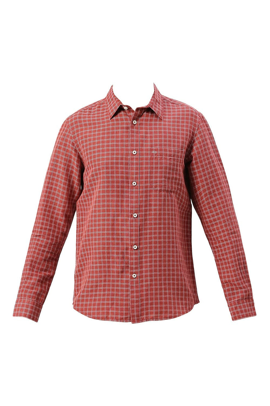 BASICS SLIM FIT BURNT MAROON COTTON LINEN CHECKS SHIRT