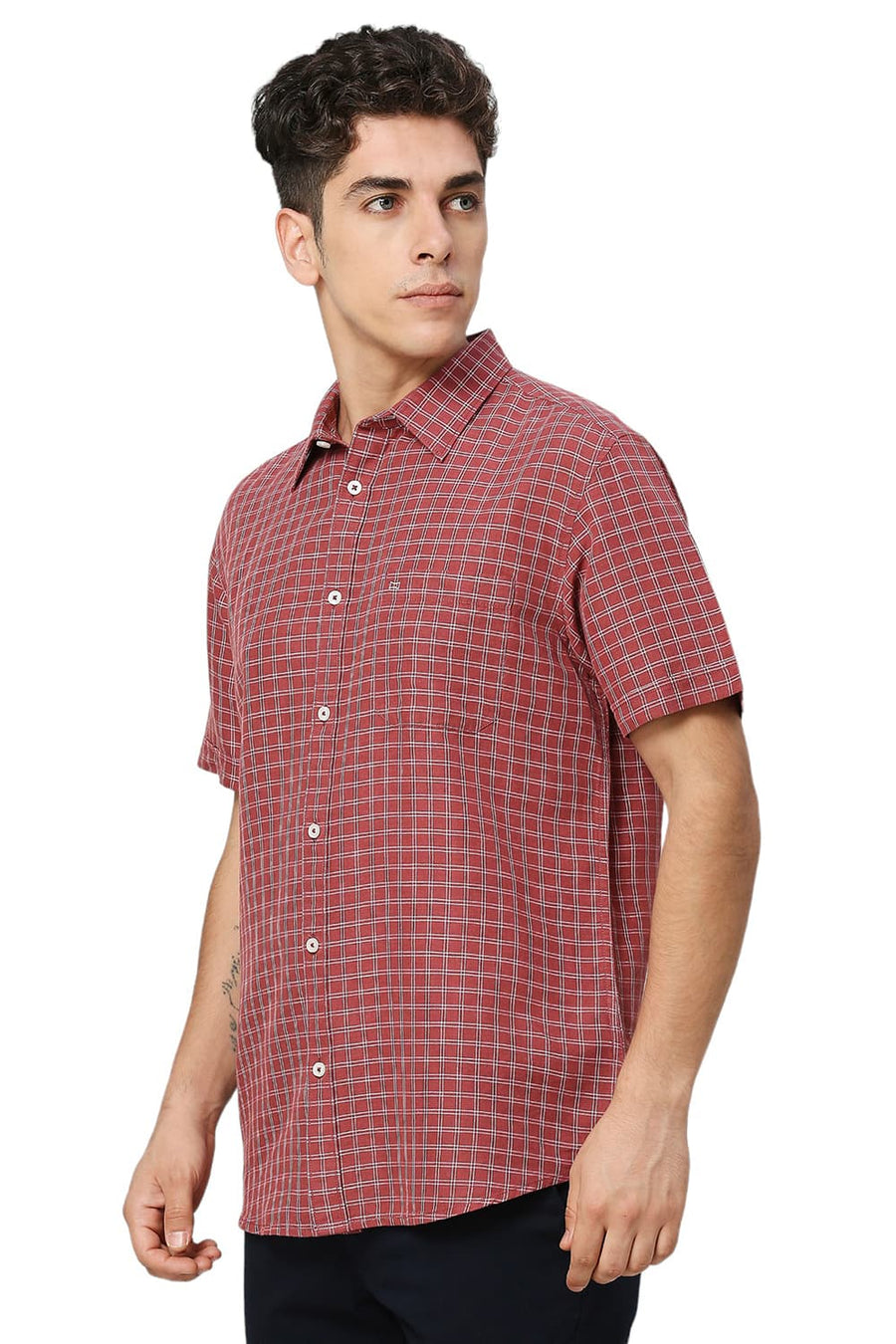 BASICS SLIM FIT BURNT MAROON COTTON LINEN CHECKS HALFSLEEVES SHIRT