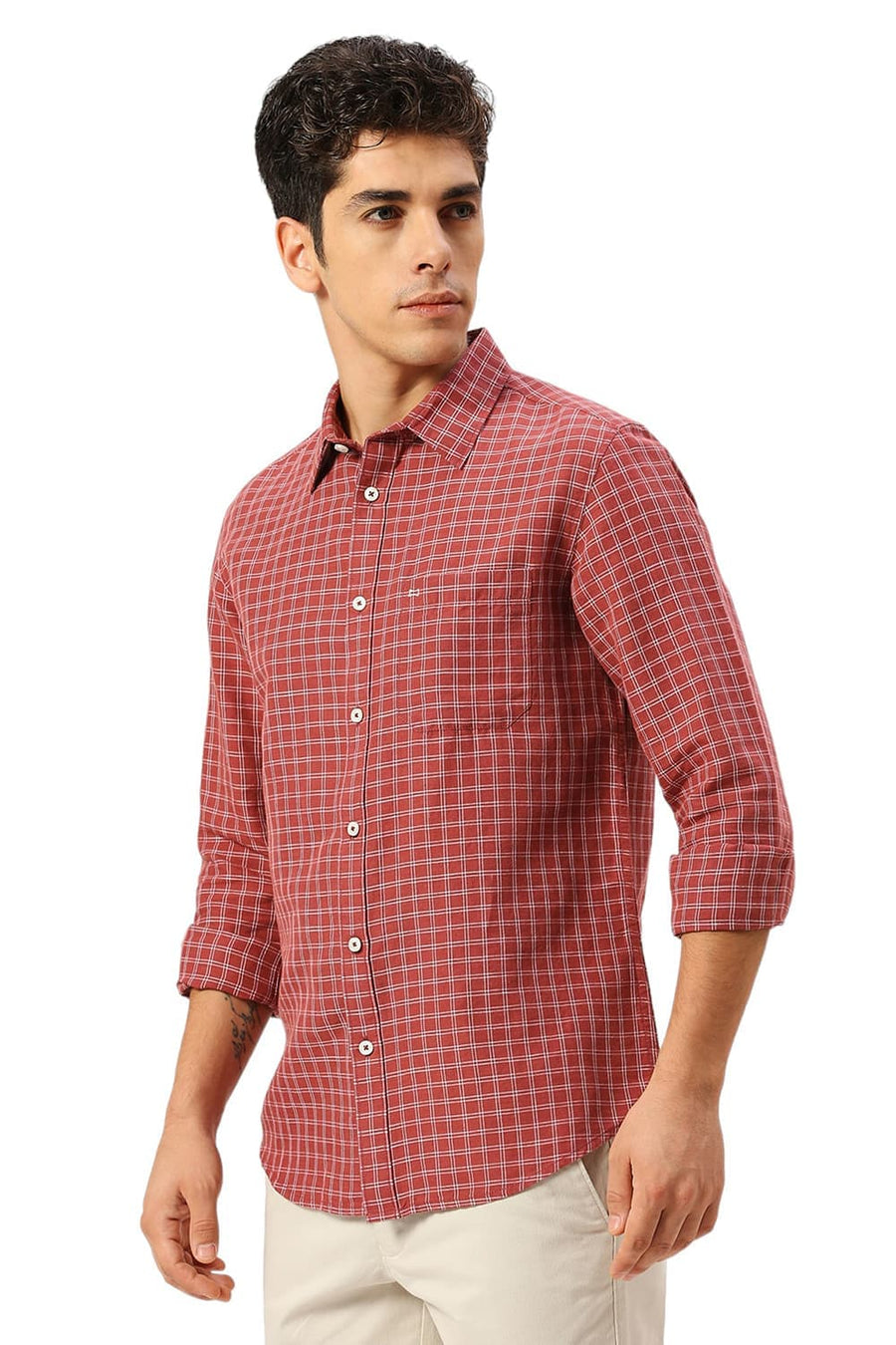 BASICS SLIM FIT BURNT MAROON COTTON LINEN CHECKS SHIRT