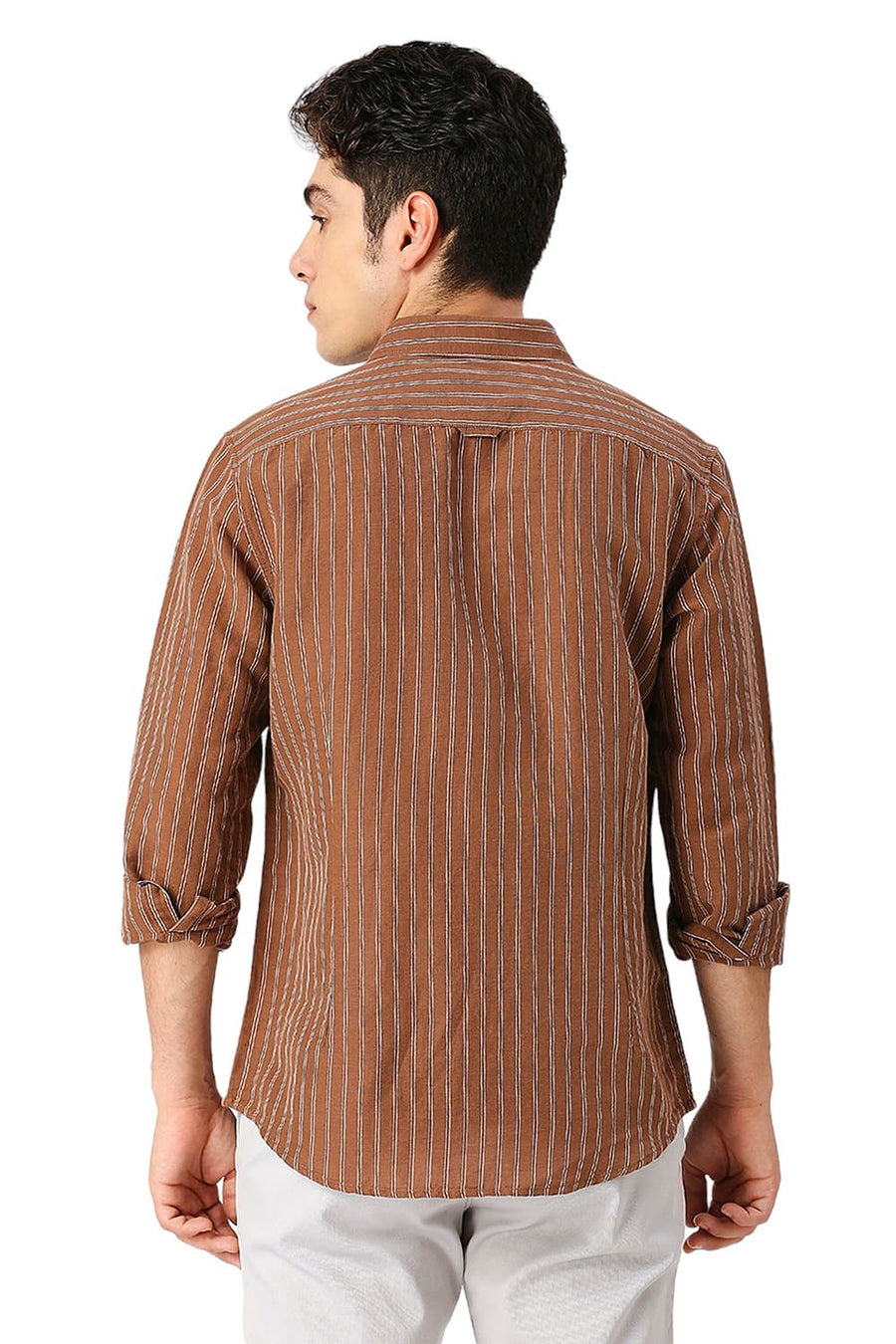 BASICS SLIM FIT DACHSHUND COTTON LINEN STRIPE SHIRT