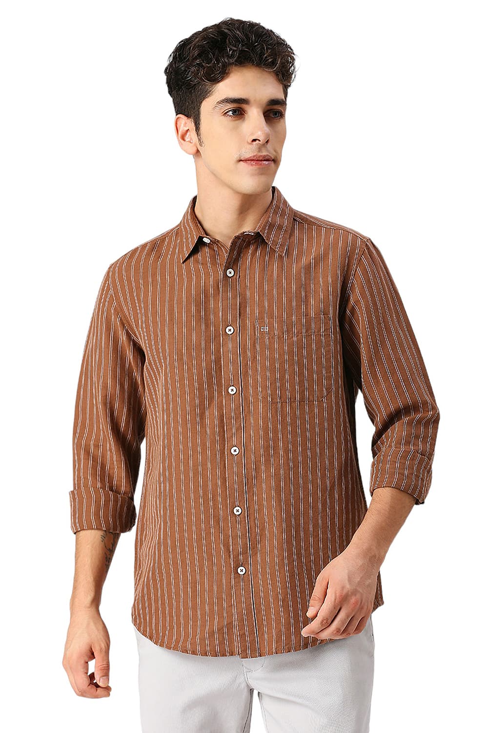 SLIM FIT COTTON LINEN STRIPE SHIRT