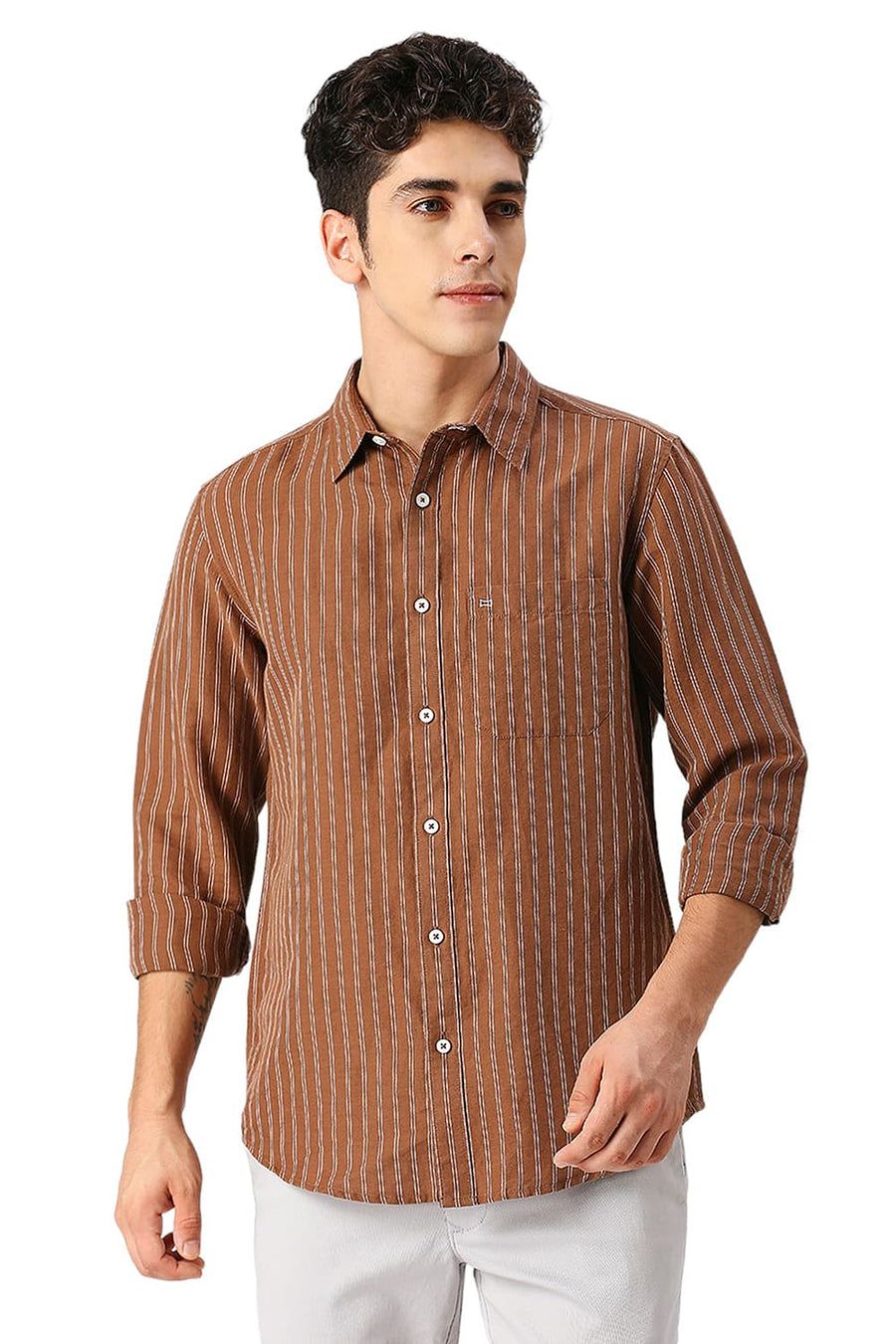 BASICS SLIM FIT DACHSHUND COTTON LINEN STRIPE SHIRT