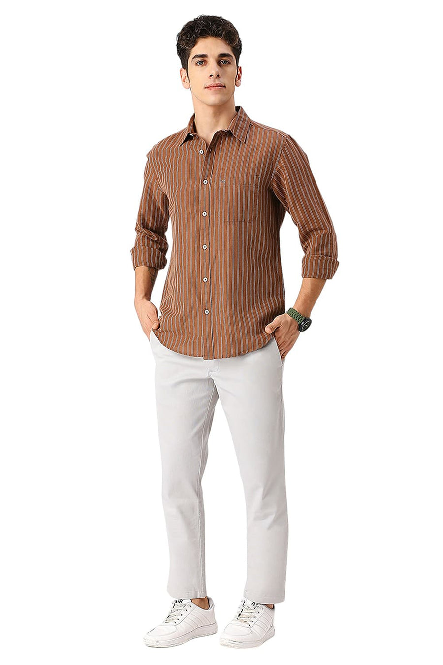 BASICS SLIM FIT DACHSHUND COTTON LINEN STRIPE SHIRT
