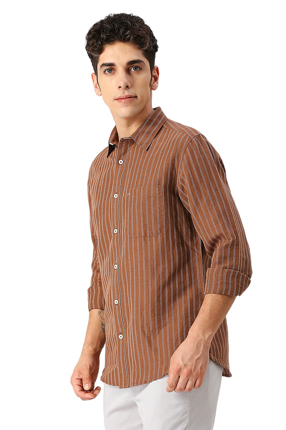 SLIM FIT COTTON LINEN STRIPE SHIRT