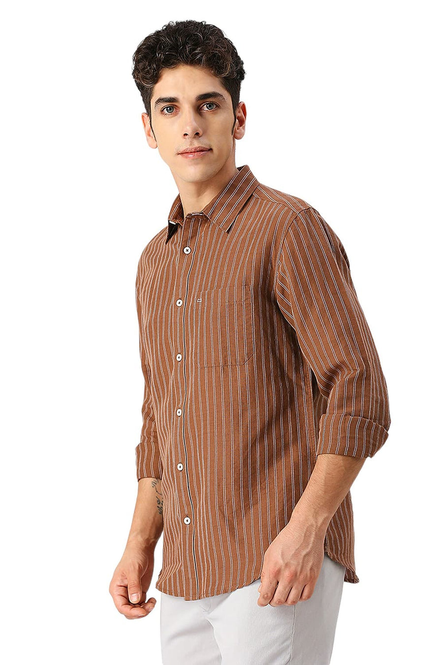 BASICS SLIM FIT DACHSHUND COTTON LINEN STRIPE SHIRT