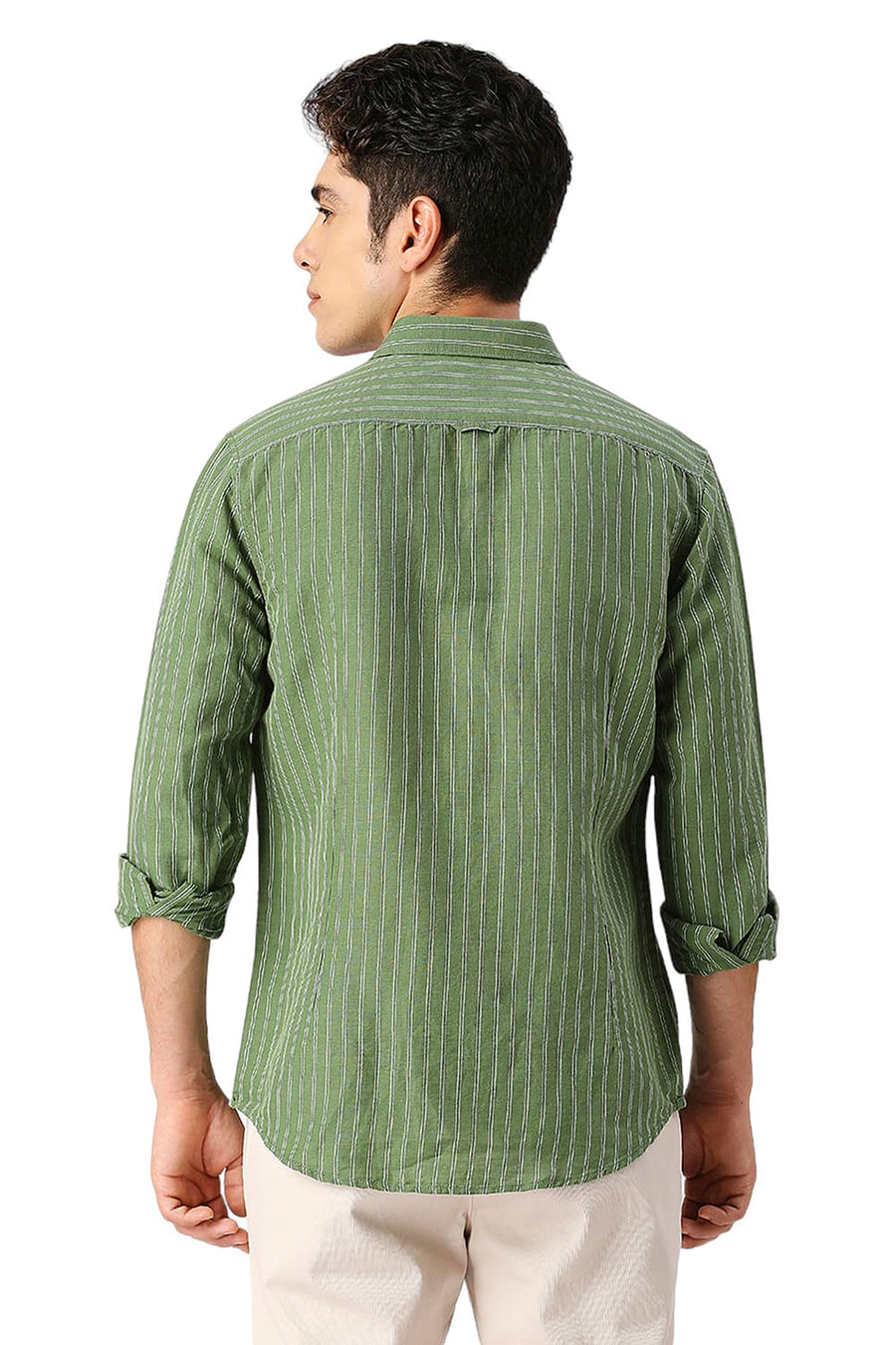 BASICS SLIM FIT ARTICHOKE GREEN COTTON LINEN STRIPE SHIRT