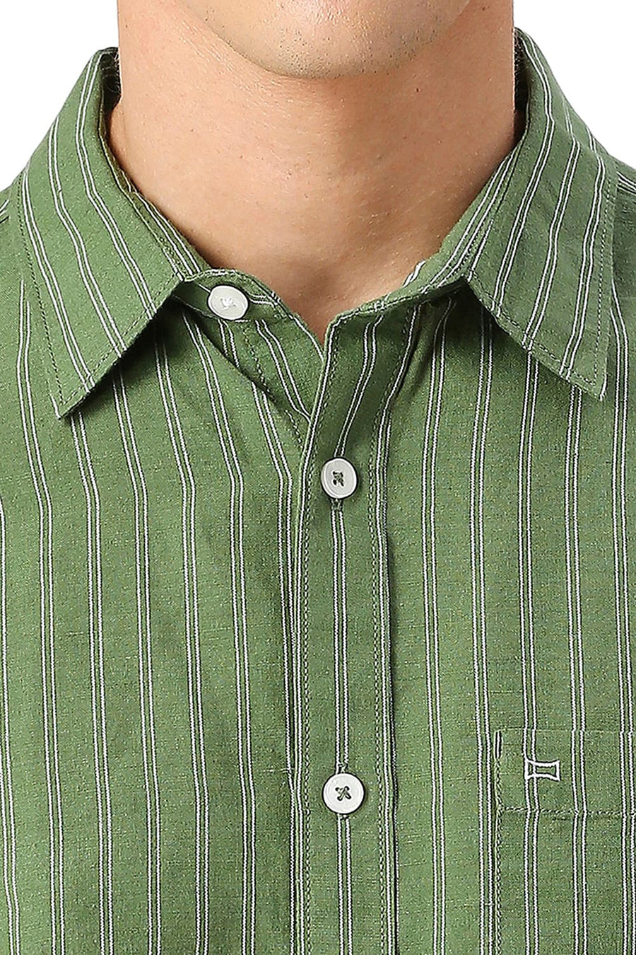 BASICS SLIM FIT ARTICHOKE GREEN COTTON LINEN STRIPE SHIRT