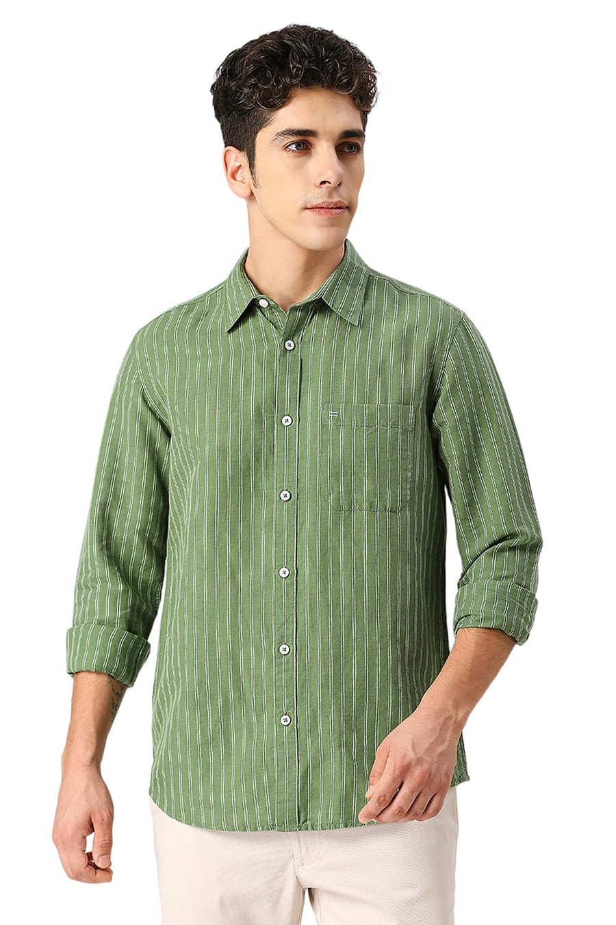 BASICS SLIM FIT ARTICHOKE GREEN COTTON LINEN STRIPE SHIRT