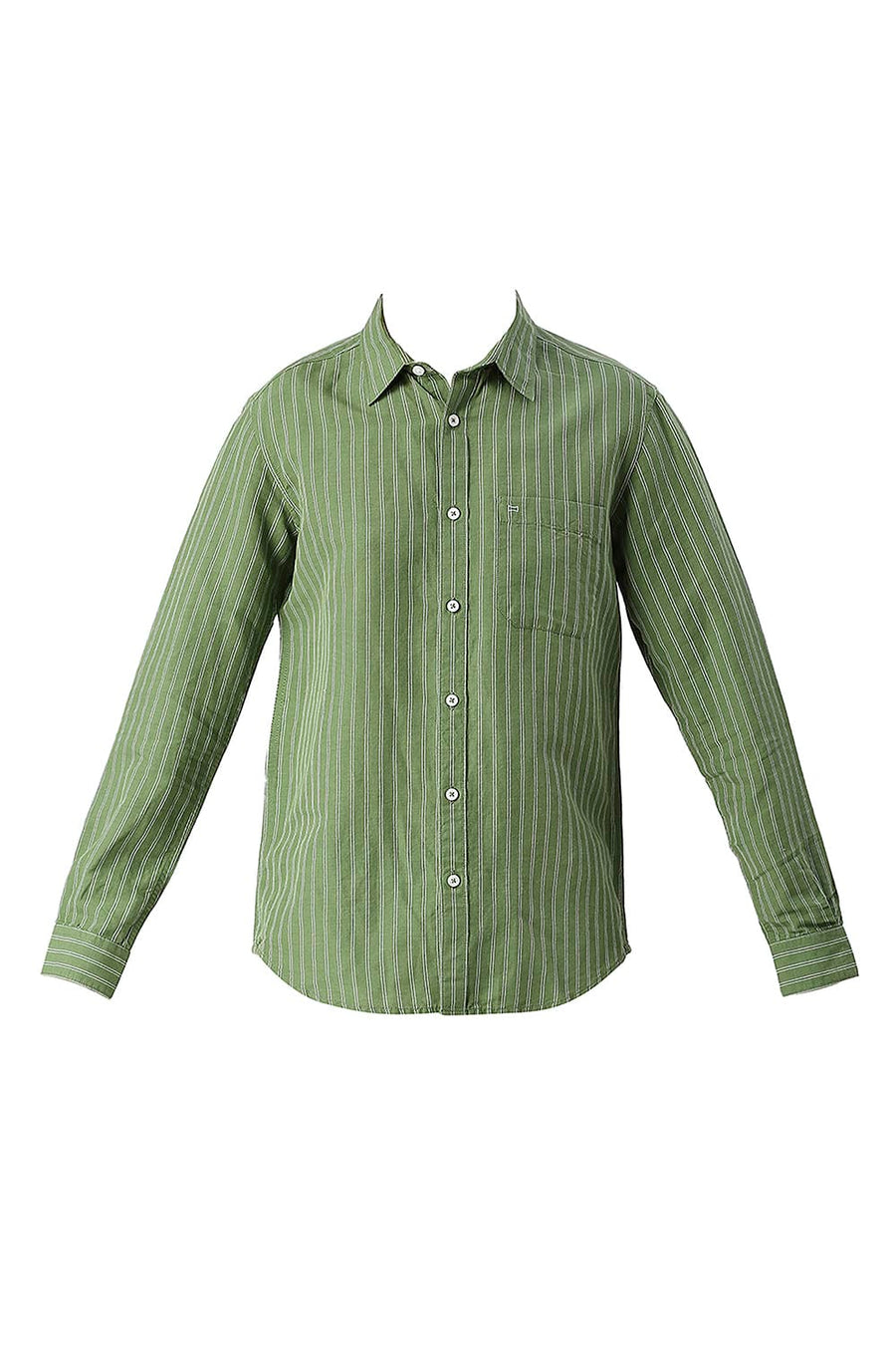 BASICS SLIM FIT ARTICHOKE GREEN COTTON LINEN STRIPE SHIRT