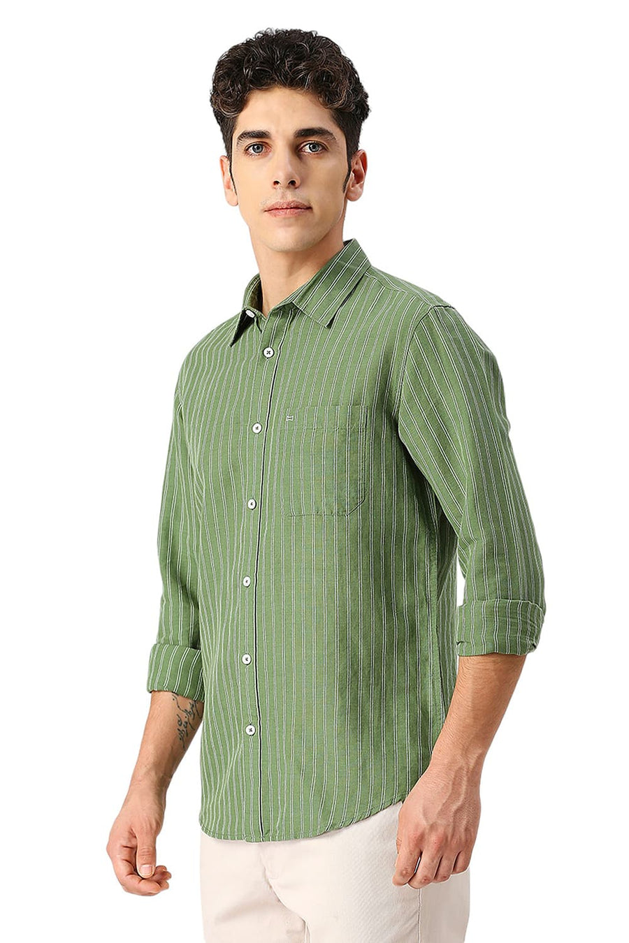 BASICS SLIM FIT ARTICHOKE GREEN COTTON LINEN STRIPE SHIRT