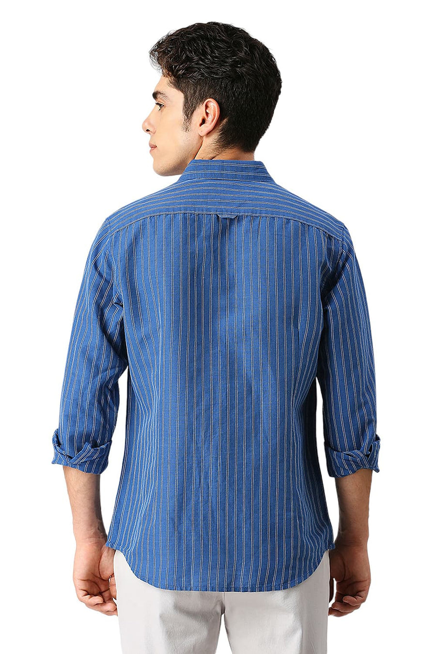 BASICS SLIM FIT RIVERSIDE BLUE COTTON LINEN STRIPE SHIRT