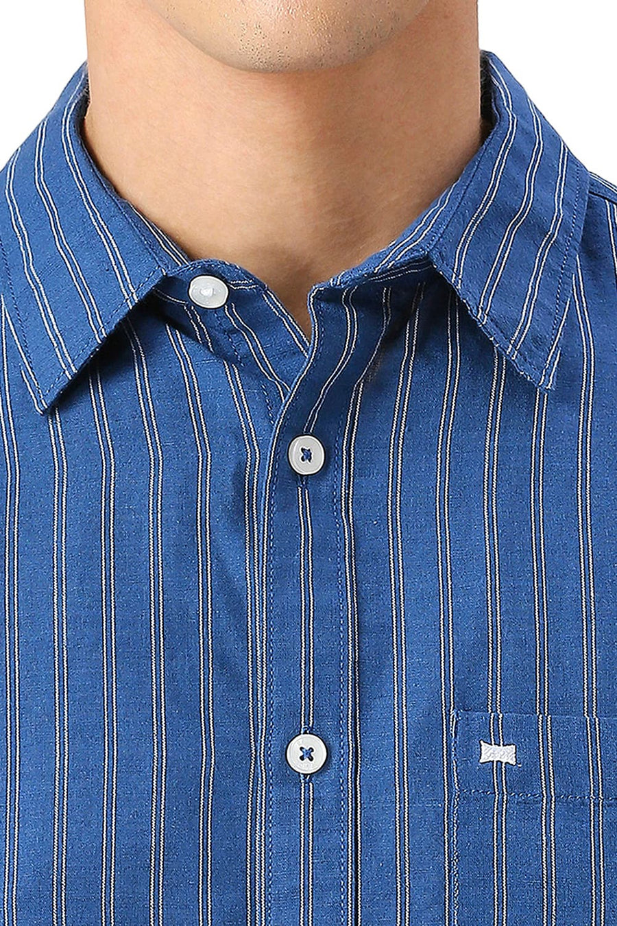 BASICS SLIM FIT RIVERSIDE BLUE COTTON LINEN STRIPE SHIRT