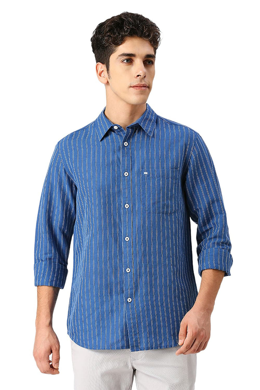 BASICS SLIM FIT RIVERSIDE BLUE COTTON LINEN STRIPE SHIRT