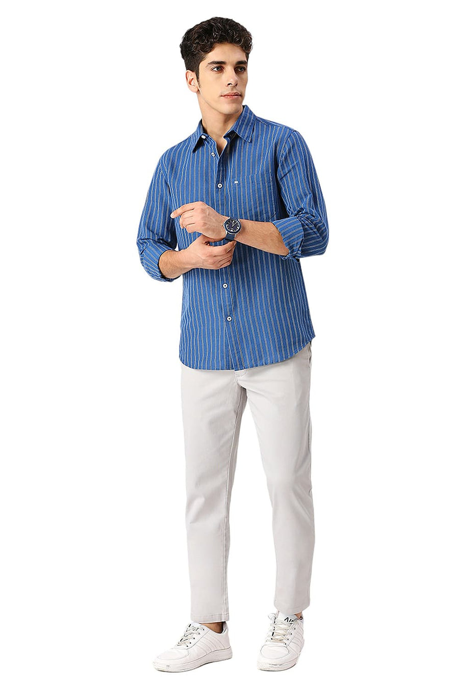 BASICS SLIM FIT RIVERSIDE BLUE COTTON LINEN STRIPE SHIRT