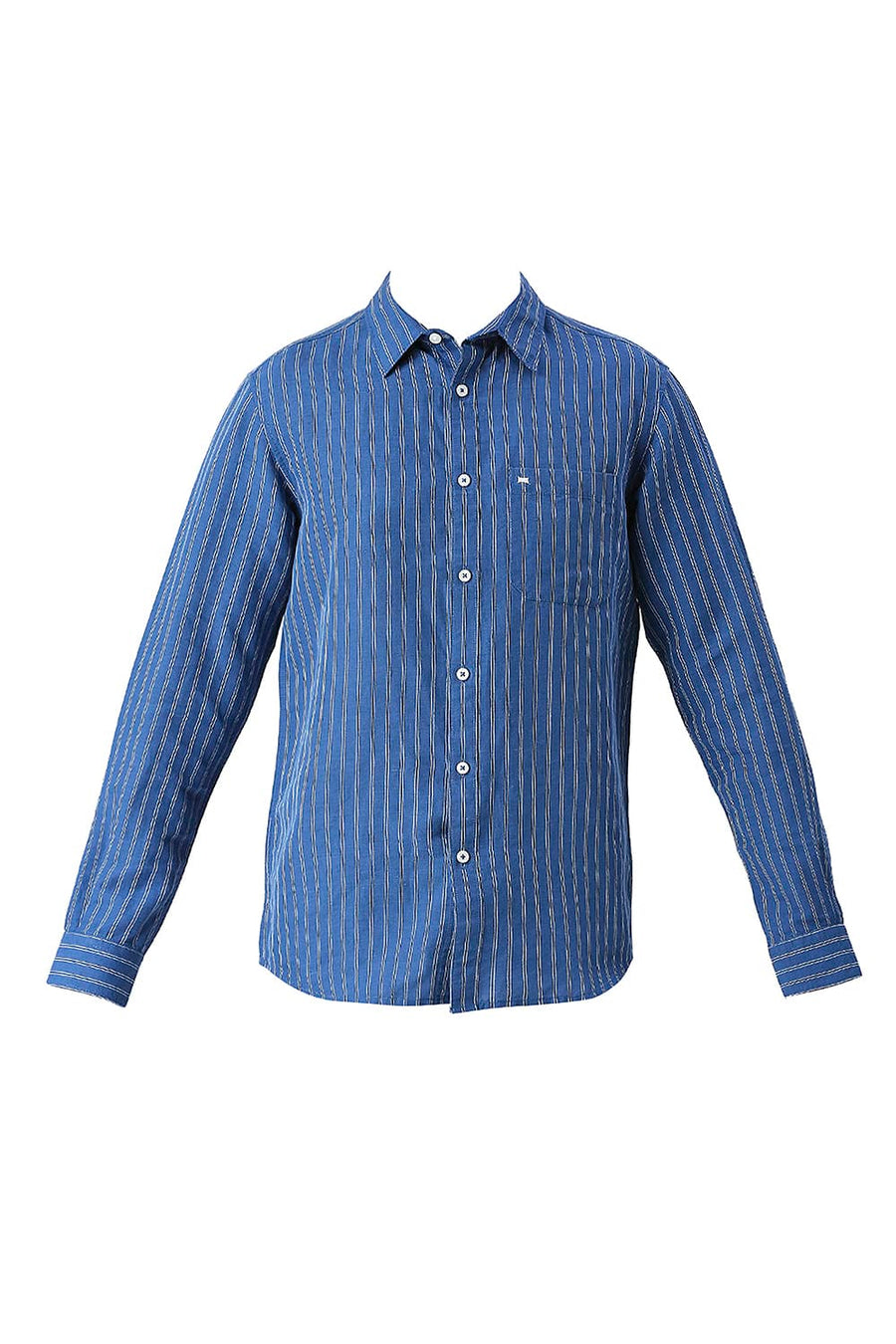 BASICS SLIM FIT RIVERSIDE BLUE COTTON LINEN STRIPE SHIRT
