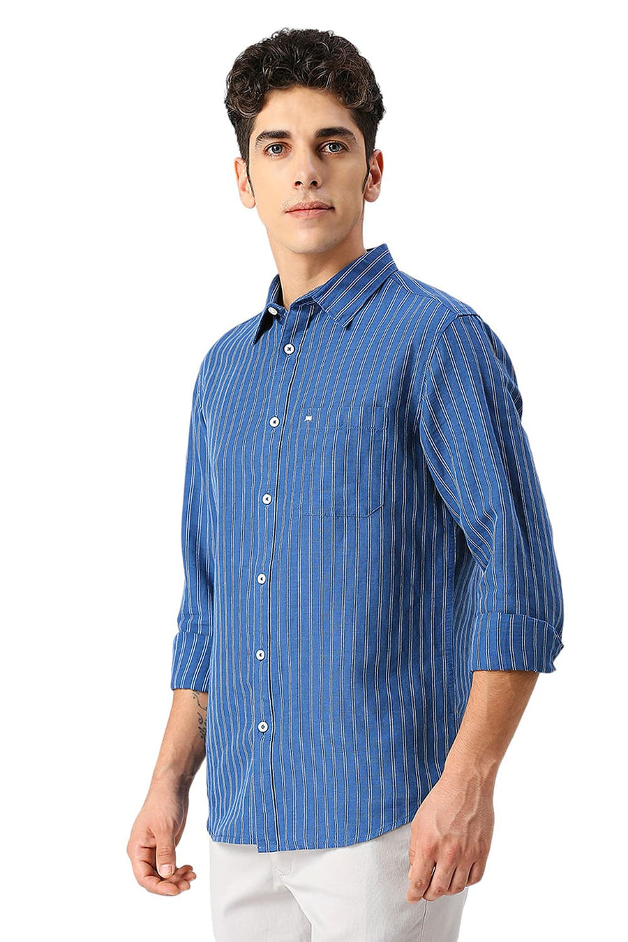BASICS SLIM FIT RIVERSIDE BLUE COTTON LINEN STRIPE SHIRT