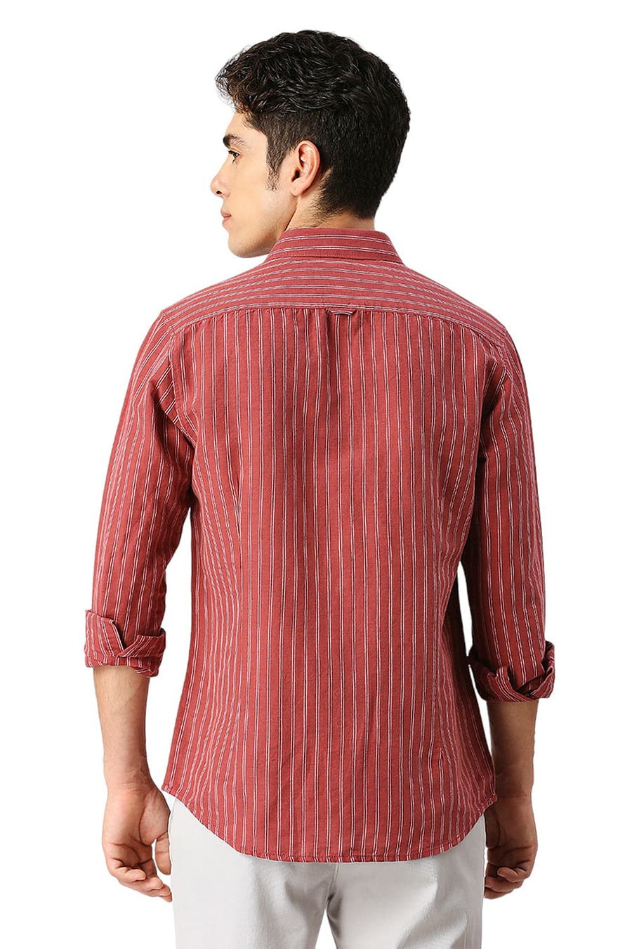 BASICS SLIM FIT OXBLOOD MAROON COTTON LINEN STRIPE SHIRT