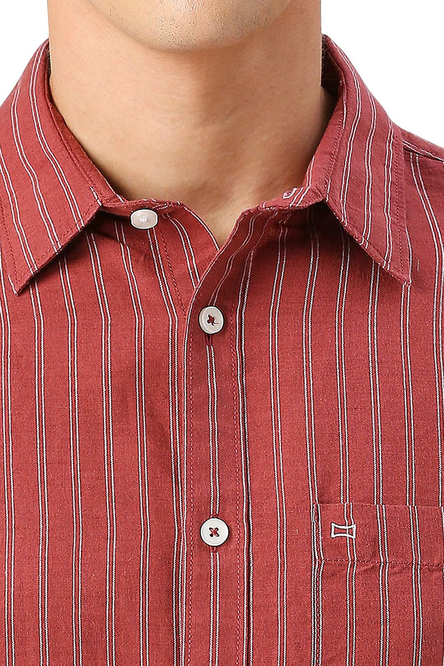 BASICS SLIM FIT OXBLOOD MAROON COTTON LINEN STRIPE SHIRT