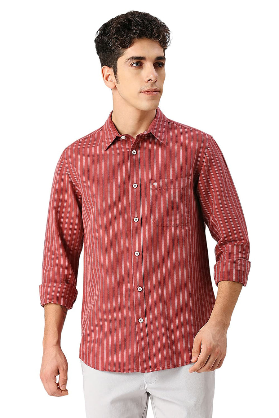 BASICS SLIM FIT OXBLOOD MAROON COTTON LINEN STRIPE SHIRT