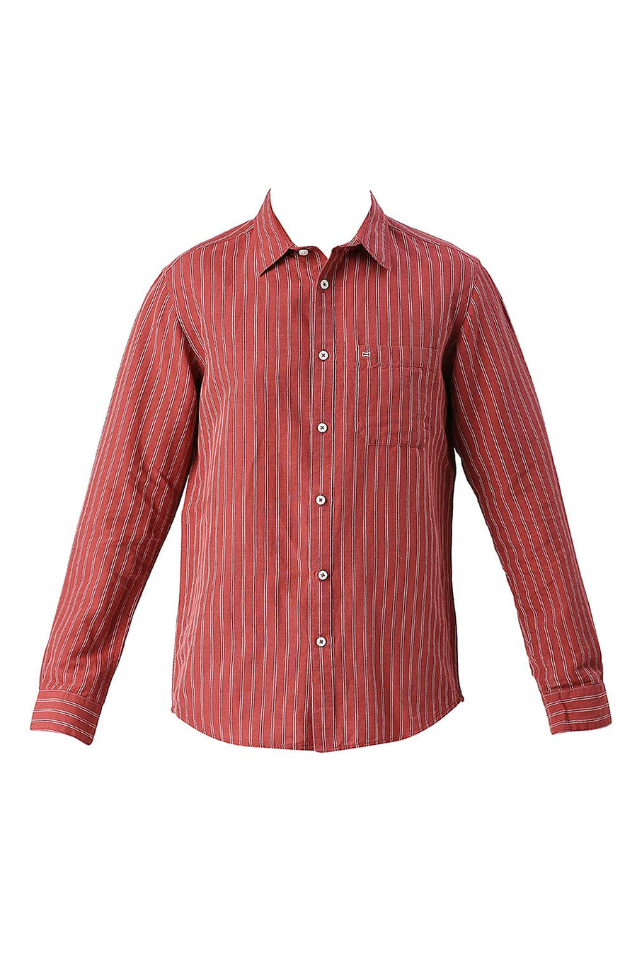 BASICS SLIM FIT OXBLOOD MAROON COTTON LINEN STRIPE SHIRT