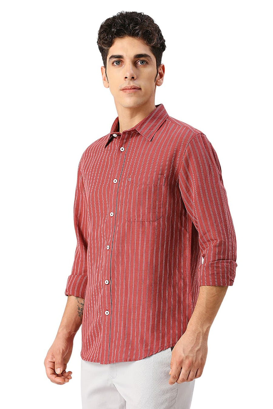 BASICS SLIM FIT OXBLOOD MAROON COTTON LINEN STRIPE SHIRT