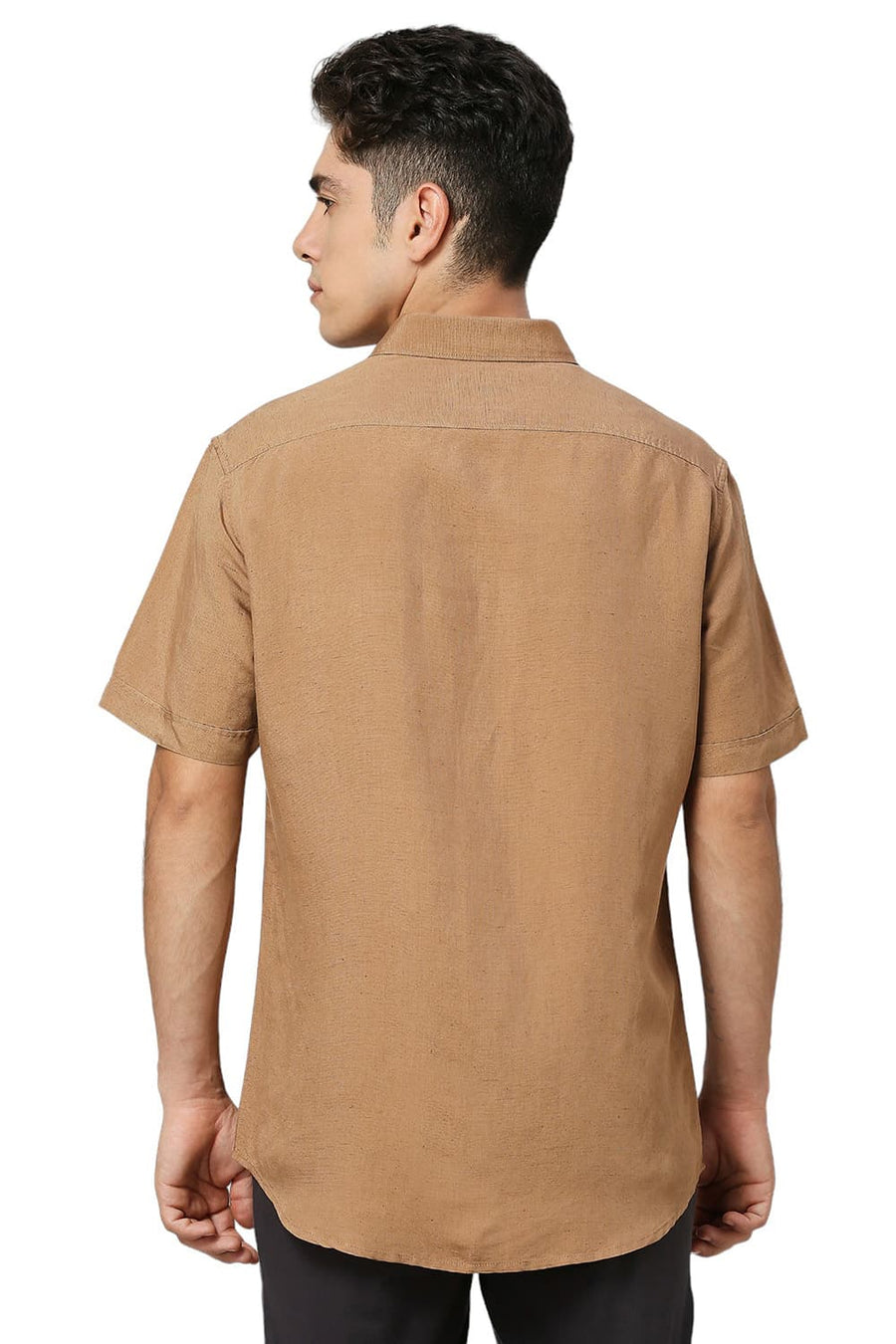 BASICS SLIM FIT TIGER KHAKI VISCOSE LINEN HALFSLEEVES SHIRT