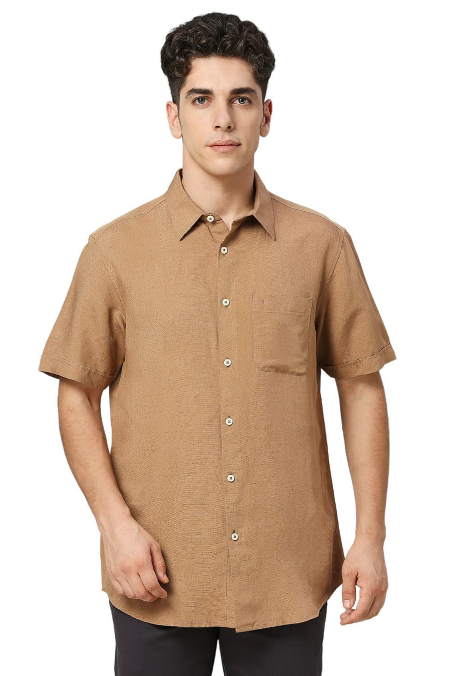 BASICS SLIM FIT TIGER KHAKI VISCOSE LINEN HALFSLEEVES SHIRT