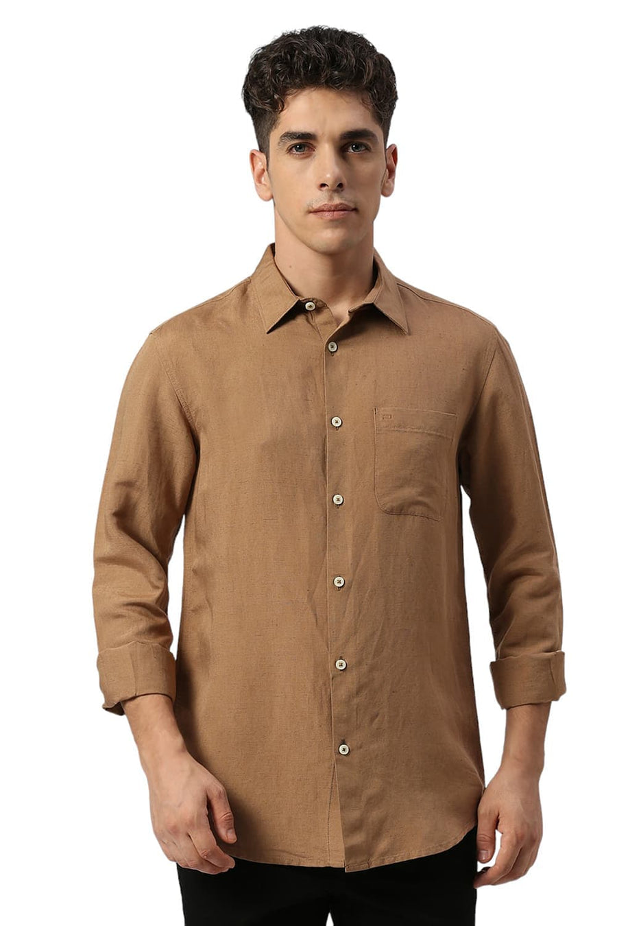 BASICS SLIM FIT TIGER KHAKI VISCOSE LINEN SHIRT
