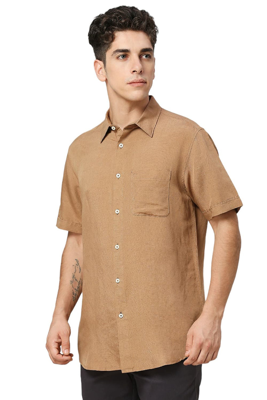 BASICS SLIM FIT TIGER KHAKI VISCOSE LINEN HALFSLEEVES SHIRT