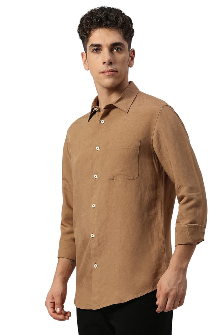 BASICS SLIM FIT TIGER KHAKI VISCOSE LINEN SHIRT