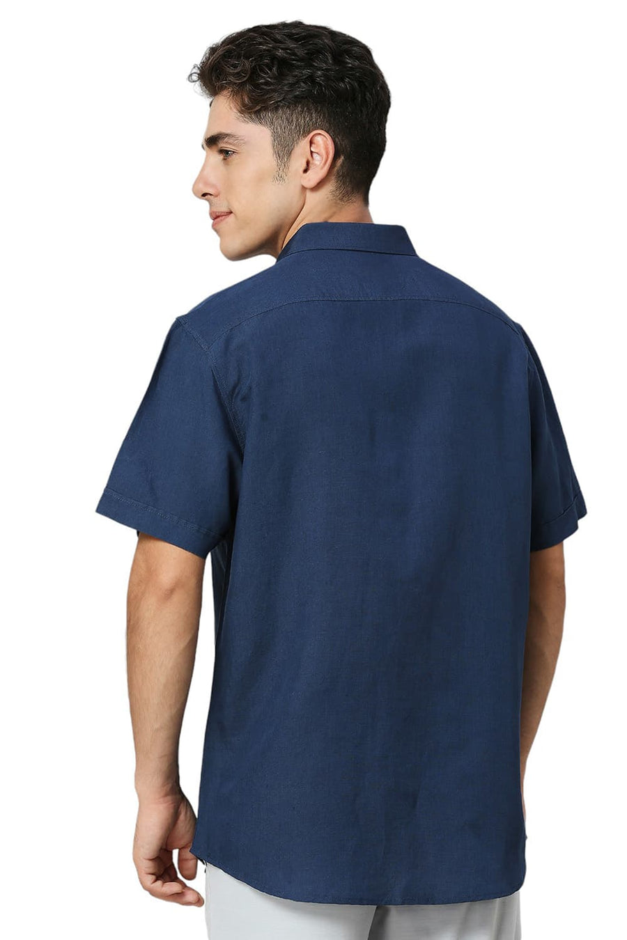 BASICS SLIM FIT TITAN BLUE VISCOSE LINEN HALFSLEEVES SHIRT