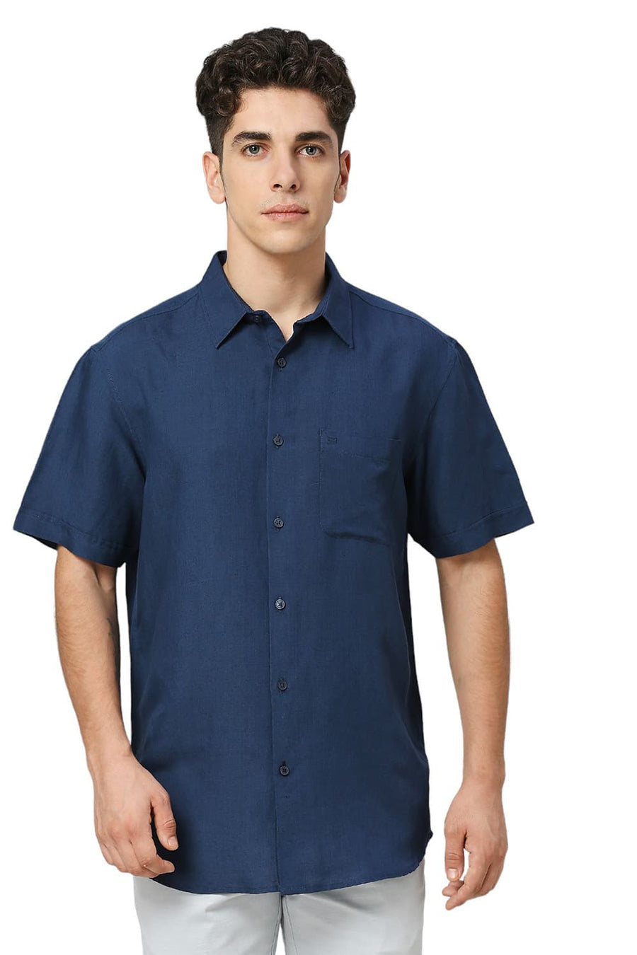 BASICS SLIM FIT TITAN BLUE VISCOSE LINEN HALFSLEEVES SHIRT