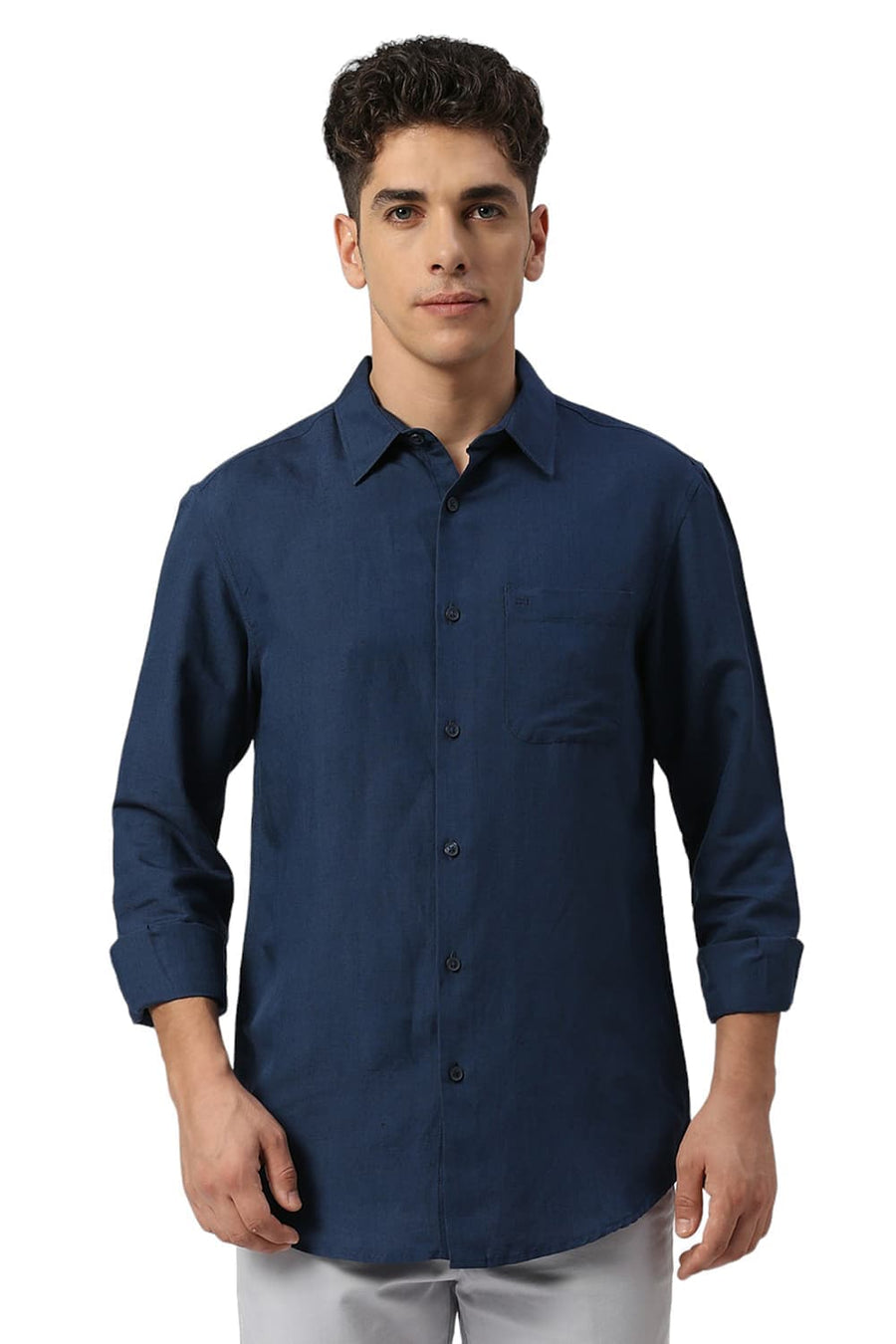 BASICS SLIM FIT TITAN BLUE VISCOSE LINEN SHIRT