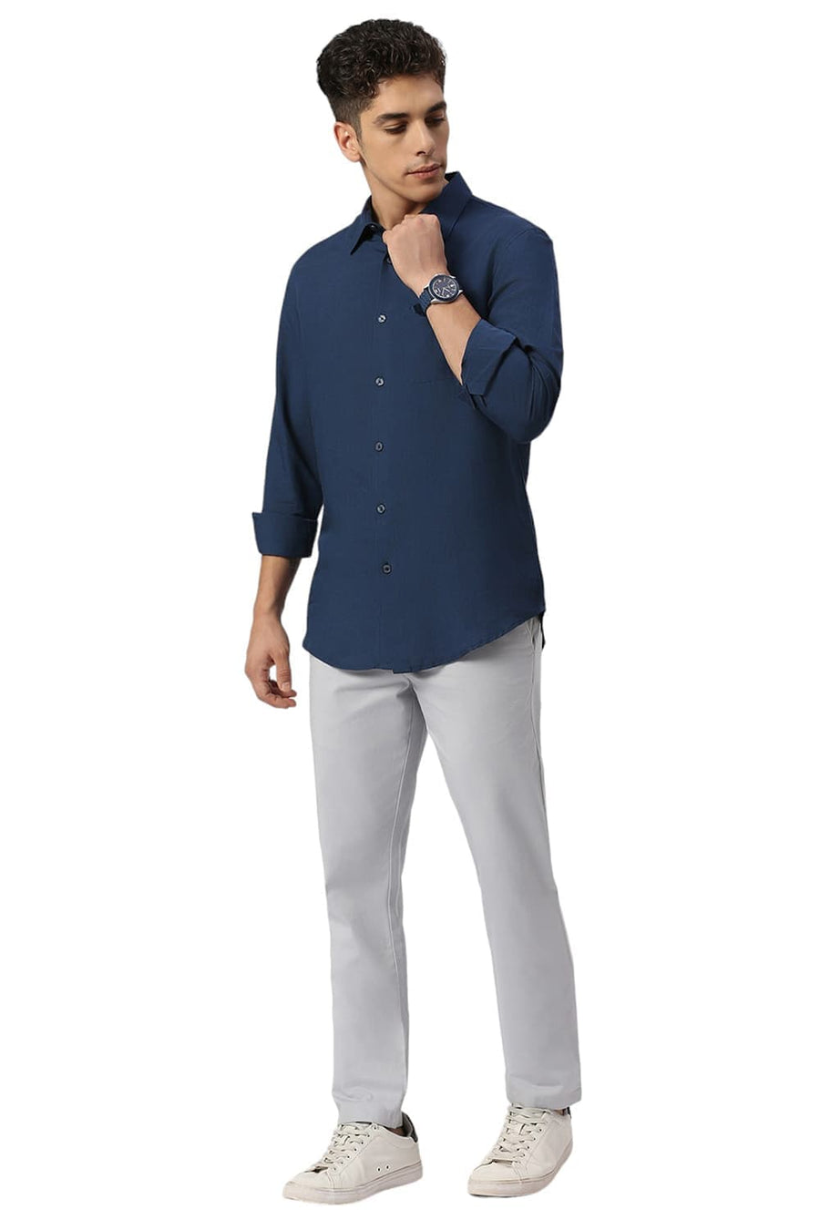 BASICS SLIM FIT TITAN BLUE VISCOSE LINEN SHIRT