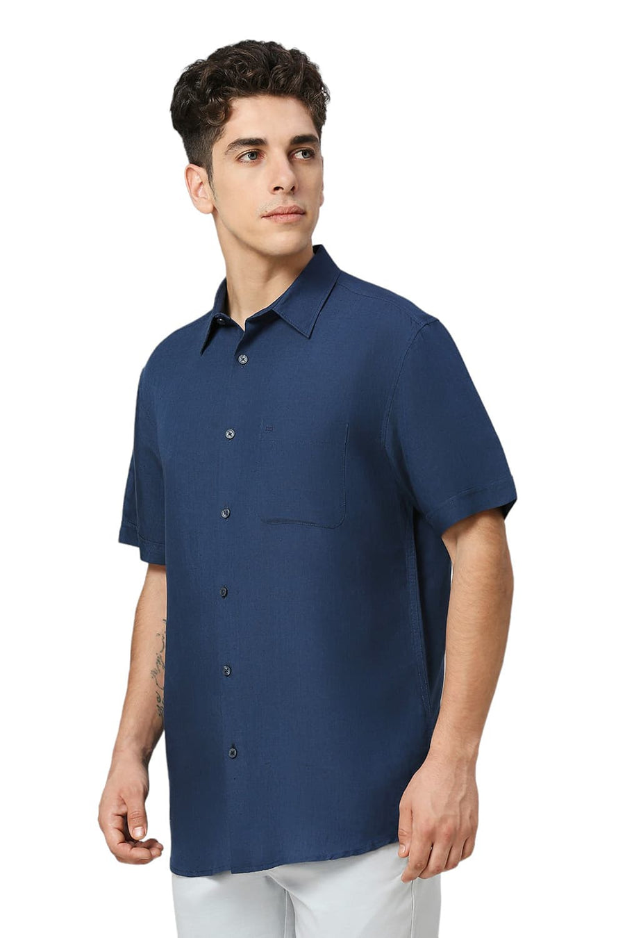 BASICS SLIM FIT TITAN BLUE VISCOSE LINEN HALFSLEEVES SHIRT