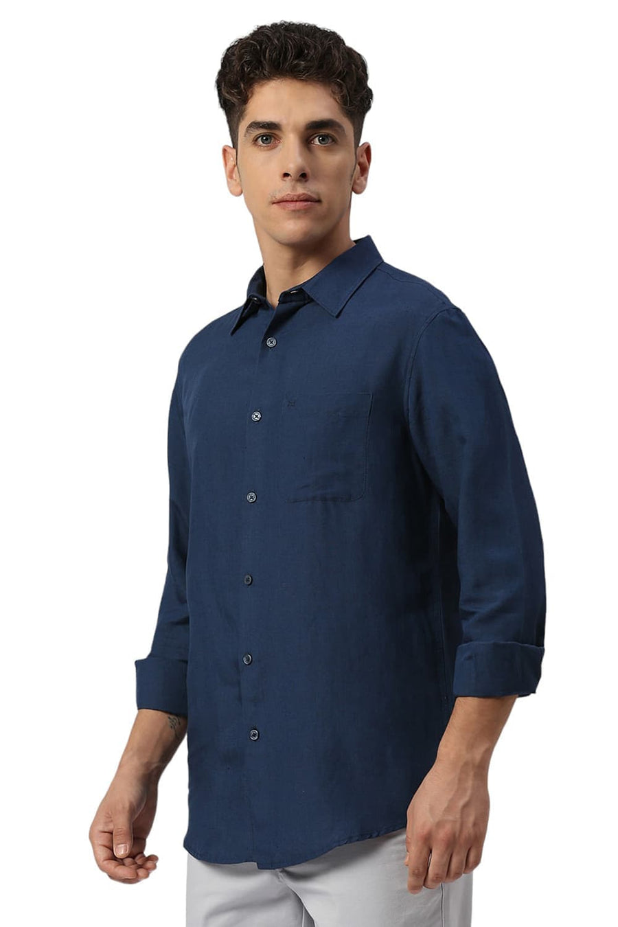 BASICS SLIM FIT TITAN BLUE VISCOSE LINEN SHIRT